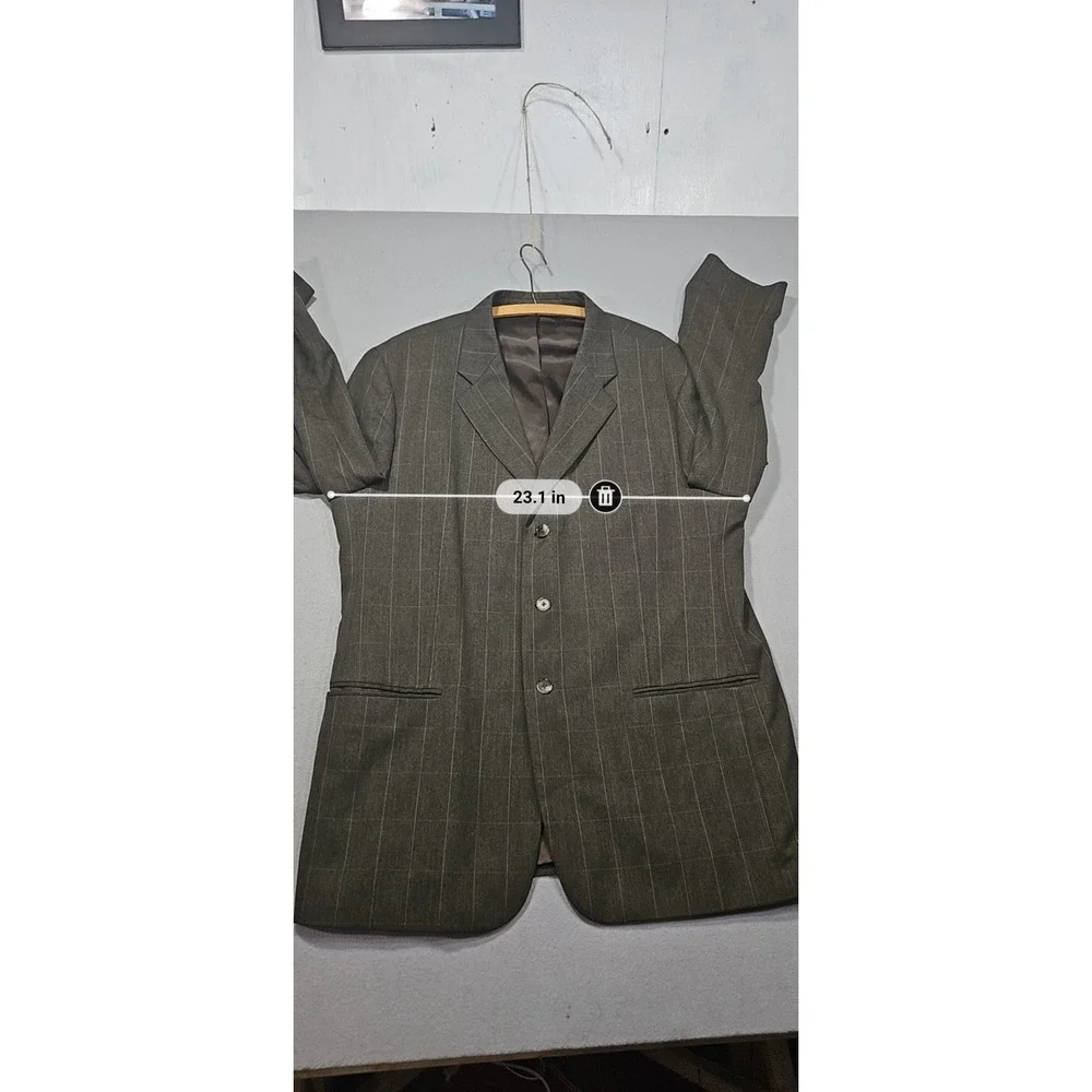 VTG Perry Ellis Windowpane Check 2pc Suit Blazer Pleated Pants Grey Sz 46 XXL